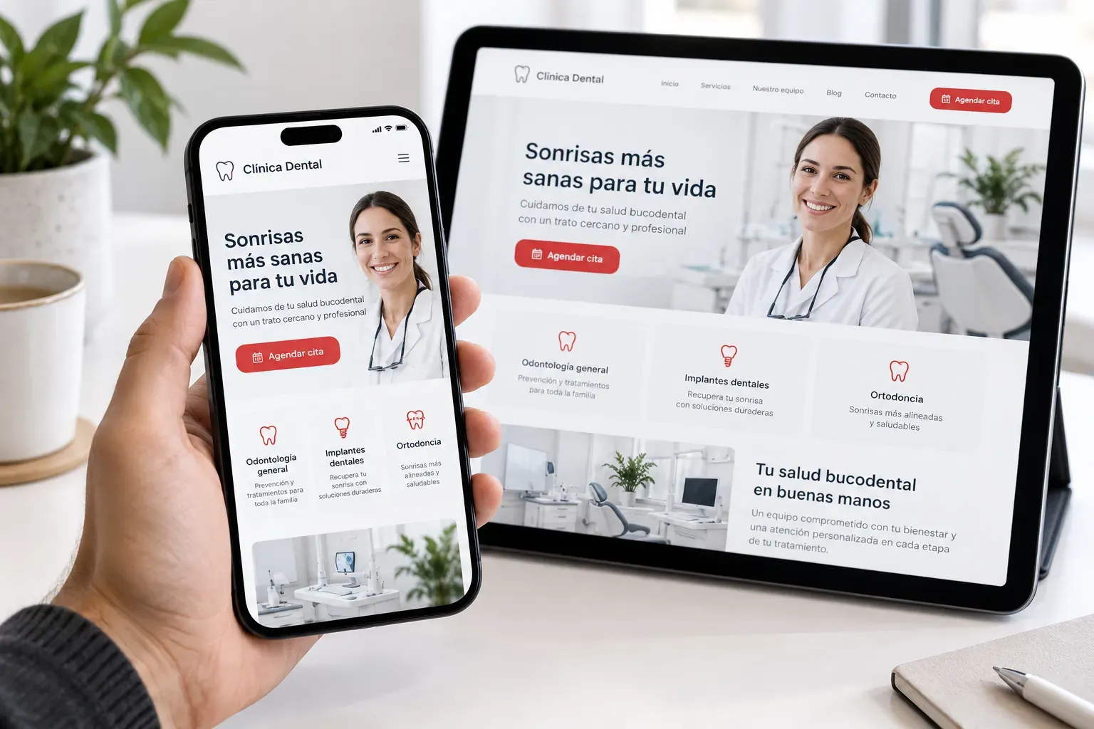 Mano sosteniendo un celular con el sitio de una clínica dental, junto a una tablet con la misma página