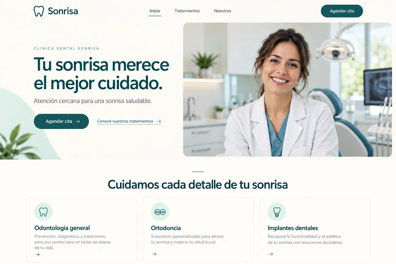 Ejemplo de página web fresca para clínica dental, con una odontóloga sonriente