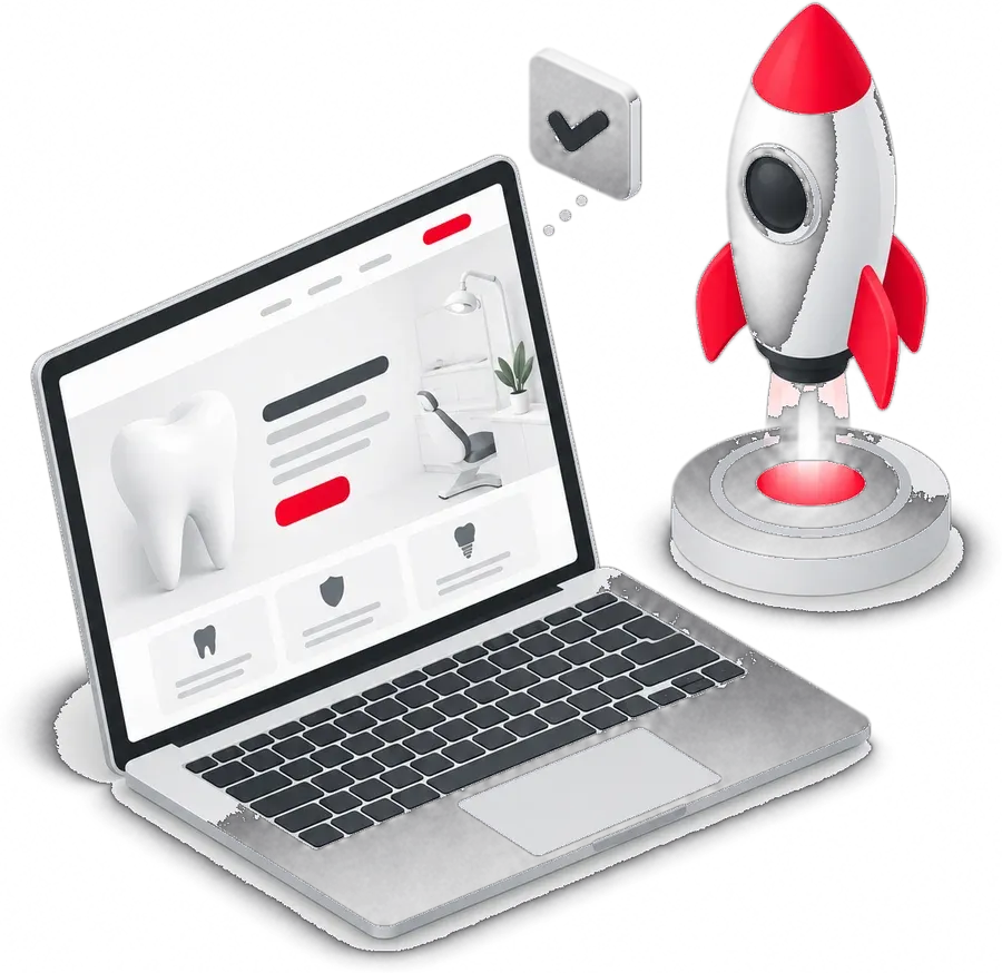 Ilustración de una laptop con una página dental y un cohete despegando