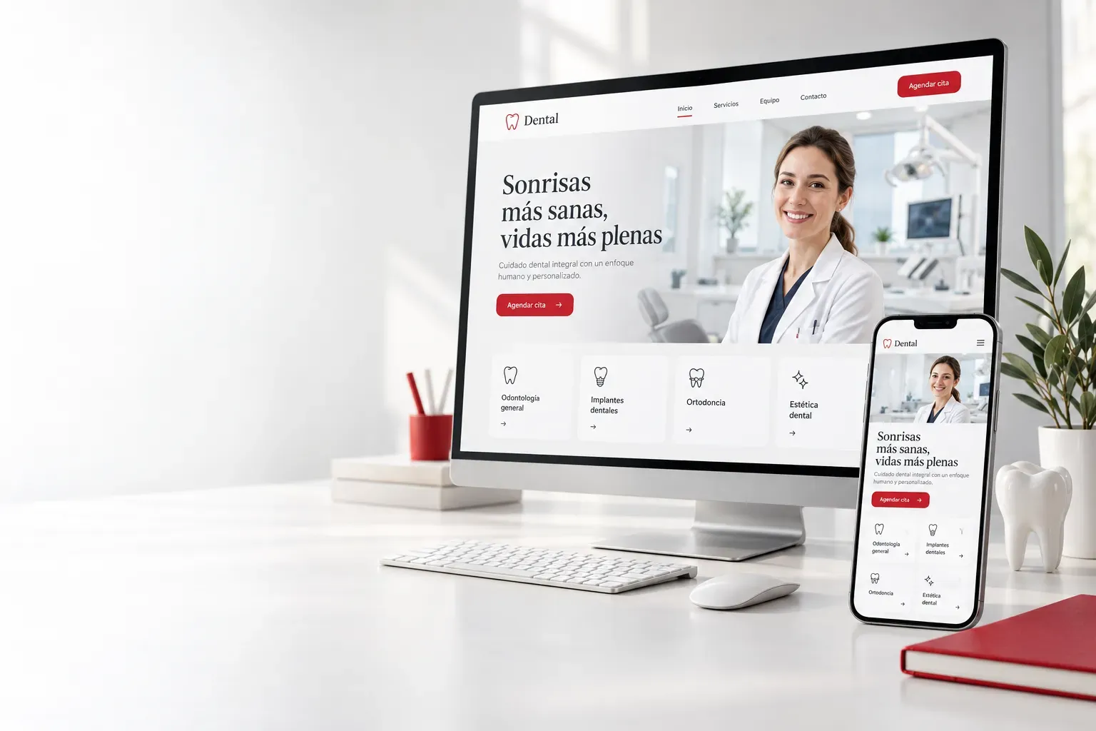Página web de una clínica dental vista en computadora y en celular, con botón para agendar cita