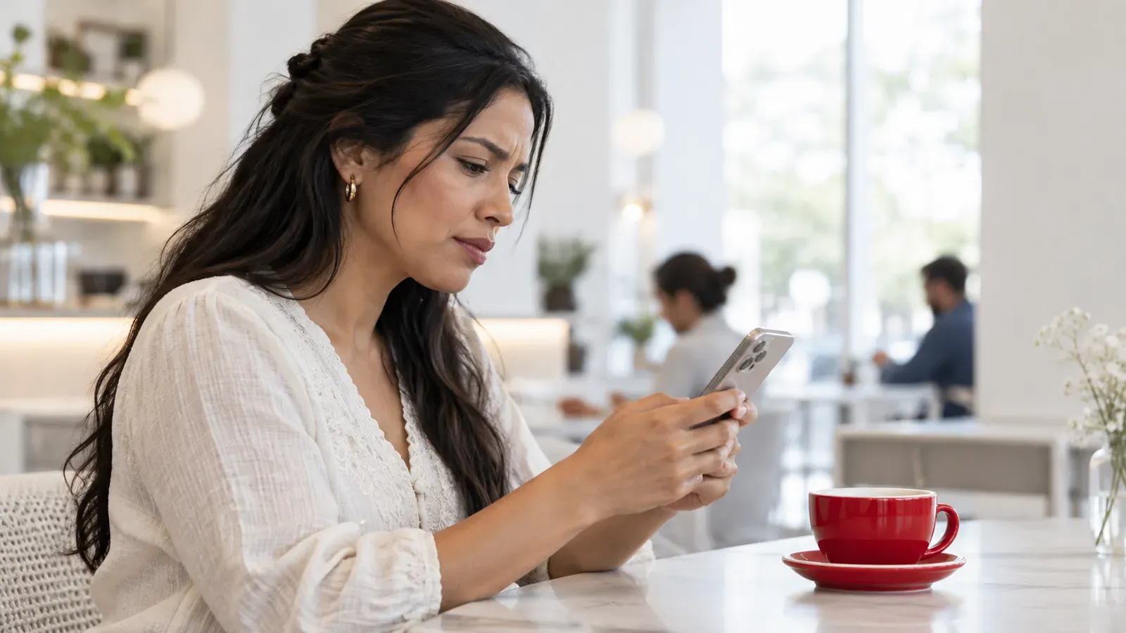 Mujer en una cafetería buscando un dentista en su celular con expresión de duda