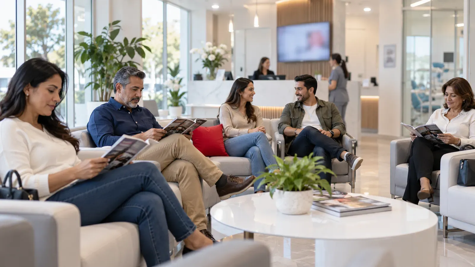 Sala de espera de una clínica dental con varios pacientes esperando su turno